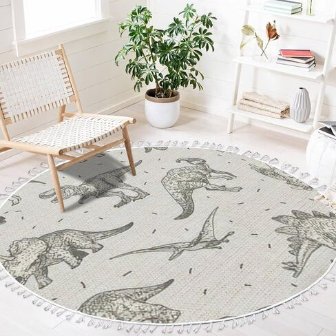 Round Rugs Dinosaur Baby boy Childish Sweet Dino with Palm and Cactus Boho Area Rug Linen and Cotton Carpet Meditation Rug Washable Hallway Runner Mat Accent Rug for Bedroom Bathroom 6ft in Saudi Arabia