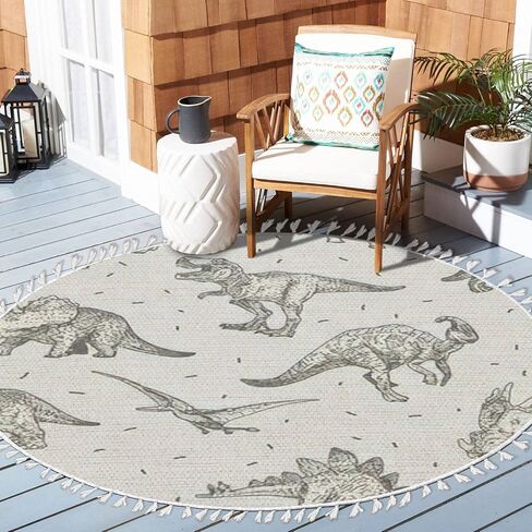 Round Rugs Dinosaur Baby boy Childish Sweet Dino with Palm and Cactus Boho Area Rug Linen and Cotton Carpet Meditation Rug Washable Hallway Runner Mat Accent Rug for Bedroom Bathroom 6ft in Saudi Arabia