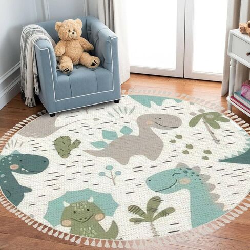 Round Rugs Dinosaur Baby boy Childish Sweet Dino with Palm and Cactus Boho Area Rug Linen and Cotton Carpet Meditation Rug Washable Hallway Runner Mat Accent Rug for Bedroom Bathroom 6ft in Kuwait