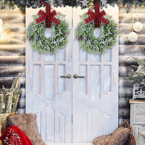 Yunlly 2 جهاز كمبيوتر شخصى 13.8 بوصة عيد الميلاد أكاليل خزانة المطبخ مع شريط منقوش الجاموس عيد الميلاد الاصطناعي متجمد السرو اكاليل اكاليل الأرز مع مخاريط الصنوبر لعيد الميلاد الأبيض الشتاء ديكور المنزل in Kuwait