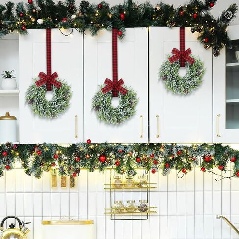 Yunlly 2 جهاز كمبيوتر شخصى 13.8 بوصة عيد الميلاد أكاليل خزانة المطبخ مع شريط منقوش الجاموس عيد الميلاد الاصطناعي متجمد السرو اكاليل اكاليل الأرز مع مخاريط الصنوبر لعيد الميلاد الأبيض الشتاء ديكور المنزل in Kuwait