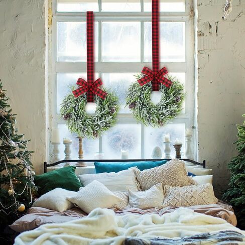 Yunlly 2 جهاز كمبيوتر شخصى 13.8 بوصة عيد الميلاد أكاليل خزانة المطبخ مع شريط منقوش الجاموس عيد الميلاد الاصطناعي متجمد السرو اكاليل اكاليل الأرز مع مخاريط الصنوبر لعيد الميلاد الأبيض الشتاء ديكور المنزل in Kuwait