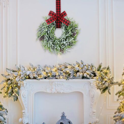 Yunlly 2 جهاز كمبيوتر شخصى 13.8 بوصة عيد الميلاد أكاليل خزانة المطبخ مع شريط منقوش الجاموس عيد الميلاد الاصطناعي متجمد السرو اكاليل اكاليل الأرز مع مخاريط الصنوبر لعيد الميلاد الأبيض الشتاء ديكور المنزل in Kuwait