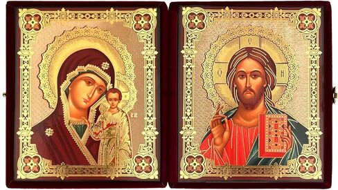المسيح المعلم وعذراء كازان الأرثوذكسية أيقونة Diptych في علبة مخملية بورجوندي، أيقونات مريم العذراء والمسيح الذهبية، هدية دينية مقاس 5 بوصات in Saudi Arabia