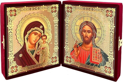 المسيح المعلم وعذراء كازان الأرثوذكسية أيقونة Diptych في علبة مخملية بورجوندي، أيقونات مريم العذراء والمسيح الذهبية، هدية دينية مقاس 5 بوصات in Saudi Arabia