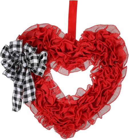 Gadpiparty Valentines Day Wreath Burlap Heart Shaped Wreath with Buffalo Plaid Bows Door Hanging Wreath Heart Garland for Front Door Valentines Day Party Supplies Decorations in Kuwait