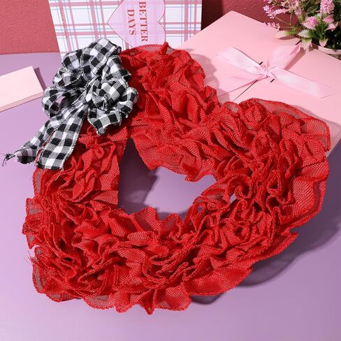 Gadpiparty Valentines Day Wreath Burlap Heart Shaped Wreath with Buffalo Plaid Bows Door Hanging Wreath Heart Garland for Front Door Valentines Day Party Supplies Decorations in Kuwait