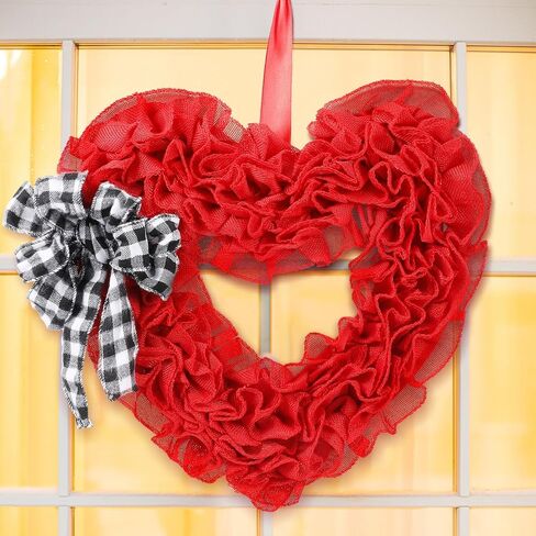 Gadpiparty Valentines Day Wreath Burlap Heart Shaped Wreath with Buffalo Plaid Bows Door Hanging Wreath Heart Garland for Front Door Valentines Day Party Supplies Decorations in Kuwait
