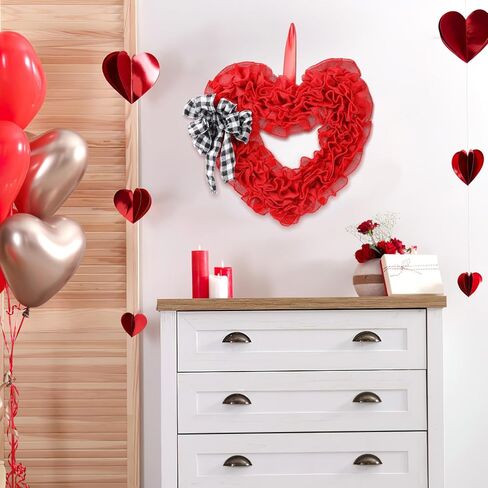 Gadpiparty Valentines Day Wreath Burlap Heart Shaped Wreath with Buffalo Plaid Bows Door Hanging Wreath Heart Garland for Front Door Valentines Day Party Supplies Decorations in Kuwait