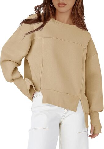 Fisoew Women's Crew Neck Sweatshirts Fall Long Sleeve Casual Loose Side Slit Pullover Top with Thumbhole in Saudi Arabia