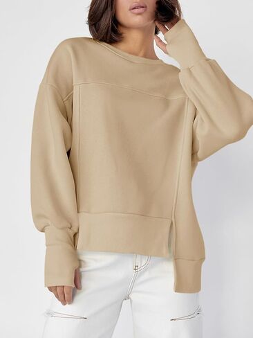 Fisoew Women's Crew Neck Sweatshirts Fall Long Sleeve Casual Loose Side Slit Pullover Top with Thumbhole in Saudi Arabia