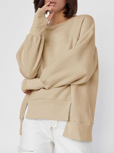 Fisoew Women's Crew Neck Sweatshirts Fall Long Sleeve Casual Loose Side Slit Pullover Top with Thumbhole in Saudi Arabia