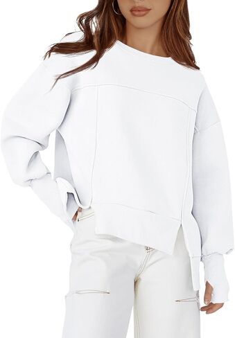 Fisoew Women's Crew Neck Sweatshirts Fall Long Sleeve Casual Loose Side Slit Pullover Top with Thumbhole in Saudi Arabia