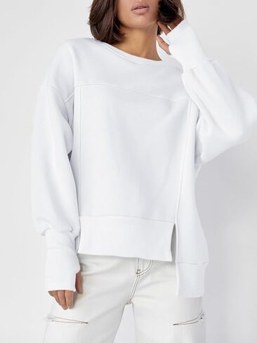 Fisoew Women's Crew Neck Sweatshirts Fall Long Sleeve Casual Loose Side Slit Pullover Top with Thumbhole in Saudi Arabia