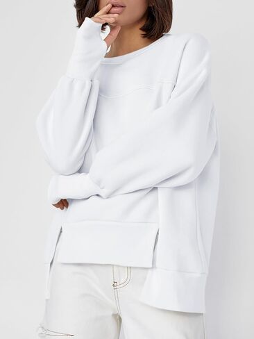 Fisoew Women's Crew Neck Sweatshirts Fall Long Sleeve Casual Loose Side Slit Pullover Top with Thumbhole in Saudi Arabia