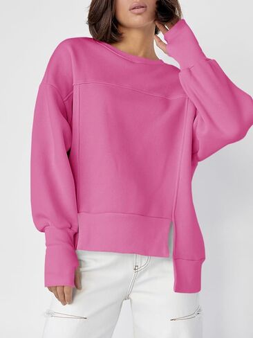 Fisoew Women's Crew Neck Sweatshirts Fall Long Sleeve Casual Loose Side Slit Pullover Top with Thumbhole in Saudi Arabia