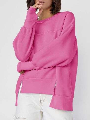 Fisoew Women's Crew Neck Sweatshirts Fall Long Sleeve Casual Loose Side Slit Pullover Top with Thumbhole in Saudi Arabia