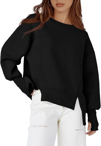 Fisoew Women's Crew Neck Sweatshirts Fall Long Sleeve Casual Loose Side Slit Pullover Top with Thumbhole in Saudi Arabia