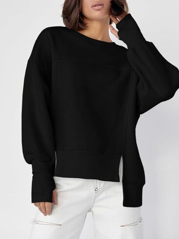 Fisoew Women's Crew Neck Sweatshirts Fall Long Sleeve Casual Loose Side Slit Pullover Top with Thumbhole in Saudi Arabia