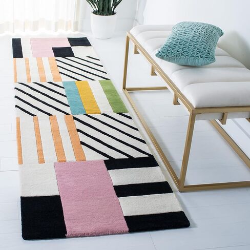 SAFAVIEH Fifth Avenue Collection 2'3" x 7' Ivory/Black FTV122A Handmade Mid-Century Modern Abstract Premium New Zealand Wool Entryway Hallway Bedroom Foyer Accent Runner Rug in Saudi Arabia