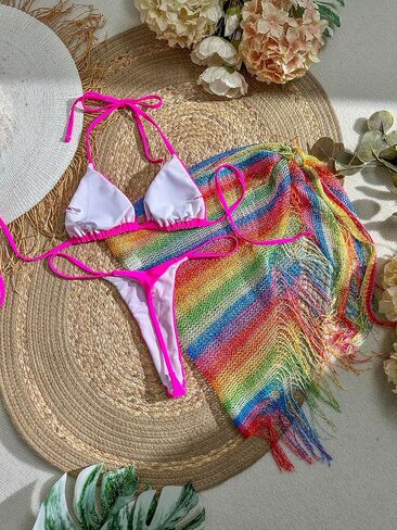 COZYEASE Women's 3 Piece Swimsuits Triangle String Bikini Sets Bathing Suit with Mesh Beach Cover Up in Saudi Arabia