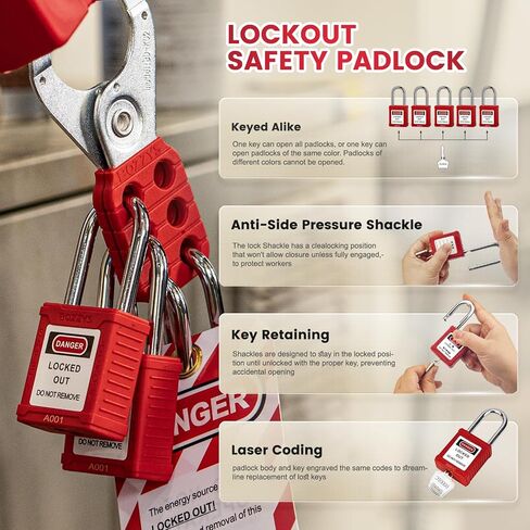 Lockout Tagout Locks,6 Pack Yellow Keyed Alike Loto Padlock,2 Keys per Set,1-1/2in (38MM) Steel Shackle,6-Pins Brass Cylinder,Key Retaining Function,White Plastic Body with Custom Laser Coding in Kuwait