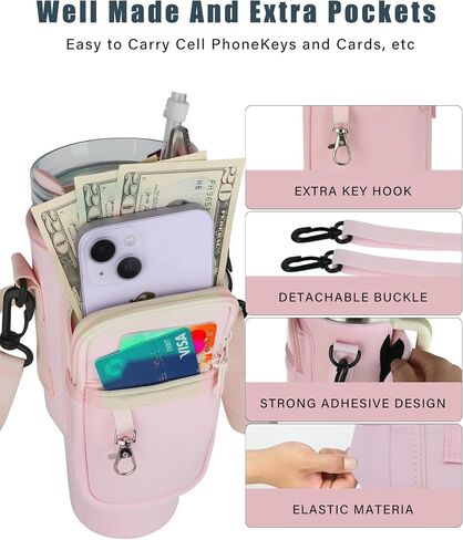 Water Bottle Carrier Bag with Strap for Stanley Cup 40/30 oz, Water Bottle Holder with Pouch for Stanley Accessories, Stanley Carrier with Adjustable Sling & Straw Cover in Saudi Arabia