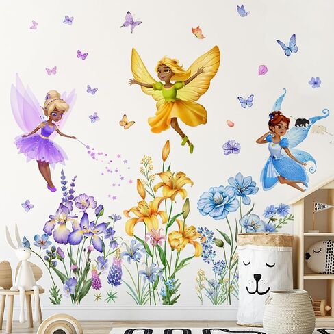 Runtoo Fairy Floral Wall Decals Wildflower Butterfly Elf Wall Stickers Girls Bedroom Kids Room Baby Nursery Wall Decor in Saudi Arabia