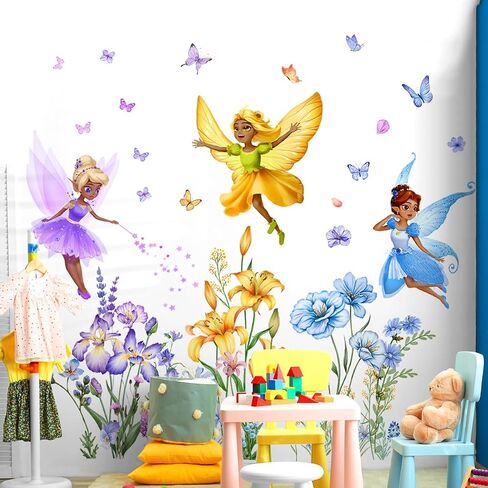 Runtoo Fairy Floral Wall Decals Wildflower Butterfly Elf Wall Stickers Girls Bedroom Kids Room Baby Nursery Wall Decor in Saudi Arabia