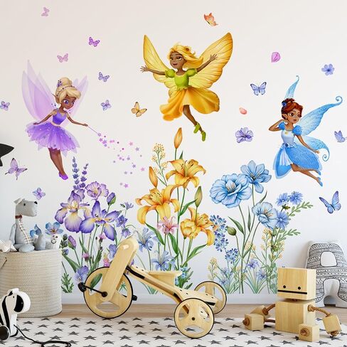 Runtoo Fairy Floral Wall Decals Wildflower Butterfly Elf Wall Stickers Girls Bedroom Kids Room Baby Nursery Wall Decor in Saudi Arabia