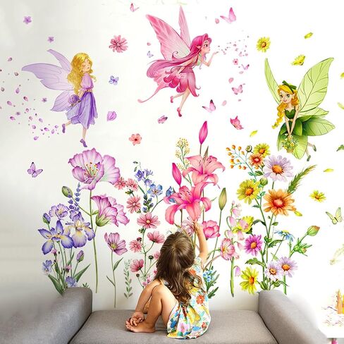 Runtoo Fairy Floral Wall Decals Wildflower Butterfly Elf Wall Stickers Girls Bedroom Kids Room Baby Nursery Wall Decor in Saudi Arabia