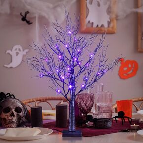 26Inch Halloween Lighted Tree Black Spooky Bonsai Night Light 24 Purple and Orange LED Lights Table Top Lamp Artificial Tree Desk Decor Adapter Plug in/Battery Powered for Christmas Decoration