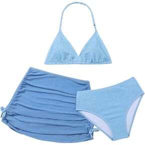 RoseSeek Girl's 3 Piece Swimsuits Halter Triangle Wireless Bikini Bathing Suit with Ruched Beach Skirt