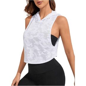 SweatyRocks Women's Camo Print Sleeveless Workout Hoodie Sweatshirt Workout Smocked Tank Top
