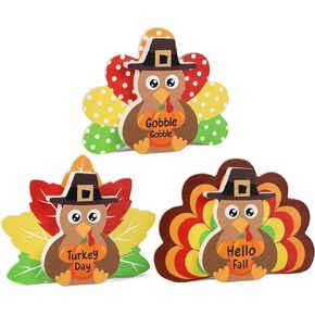 3Pcs Thanksgiving Decorations for Home Turkey Wooden Block Sign Harvest Day Fall Decor Indoor Fall Tiered Tray Decor Turkey Ornament for Autumn Table Centerpiece in Kuwait