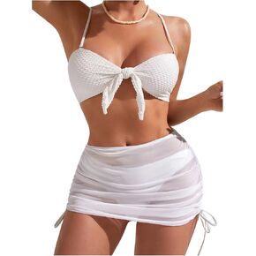 Milumia Women's 3 Piece Knot Front Halter Bikini Swimsuit with Drawstring Beach Skirt