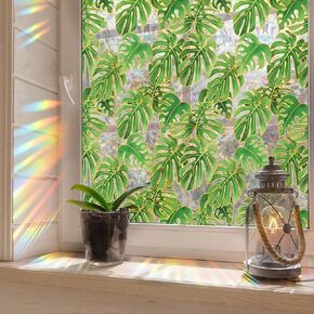 Runtoo Window Privacy Film Rainbow Palm Leaves Window Clings 3D Decorative Window Vinyl Stained Glass Plant Leaf Window Decals Static Cling Window Sticker Non-Adhesive, 15.75 x 40 inches