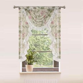 Gxi White Floral Sheer Curtain Ruffle Waterfall Valance for Living Room Rod Pocket Voile Lace Curtain for Kitchen Window Treatment Swags 1 Panel Width 59 Inch