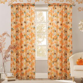 Fall Thanksgiving Curtains for Bedroom, Orange Autumn Retro Pumpkin and Leaves Window Treatments Curtains, 52 x 63 Inch