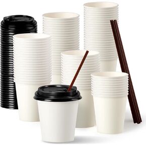 Fit Meal Prep 100 Pack 4 oz Disposable Coffee Cups with Black Lids and Stirrers, Small To Go Coffee Cups, Espresso Hot Paper Cup for Hot and Cold Beverage, Cortado, Macchiato