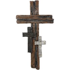 Ebros Rustic 3 Tone Faux Wood Walnut Birch Driftwood Color Finish Divine Trinity Wall Cross Plus Two Decor Plaque 16" Tall Accent Christian Catholic Faith Family Symbol Decorative Crosses Crucifix