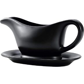 Bruntmor 11 Oz Black Ceramic Gravy Boat With Tray, 11 Ounce Small Ceramic Serving Dish, Dispenser with Tray For Sauces, Dressing and creamer, Gravy Boat With Saucer For Thanksgiving