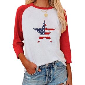 Womens Star America Flag Shirts 3/4 Sleeve Crewneck Raglan Patchwork July 4th Patriotic Tops