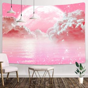 Pink Clouds Sky Tapestry Ocean Moon Stars Nature Landscape Tapestry Fantasy White Cloud Aesthetic Tapestries Wall Hanging for Girls Women Nursery Bedroom Living Room Bedroom Dorm 60X40Inch