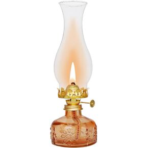 Chamber Oil Lamp -10.6''×3.35'' Snowflake Amber Vintage Kerosene Lamp Crimped Top Chimney Beautifully Carved Glass Oil Lamps for Indoor Use