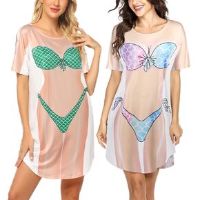 Ekouaer Womens Bikini Shirt Cover Up Short Sleeve Funny Bikini Print Cover-Up 2 Pack Cute Baggy Shirt Dress S-XXL