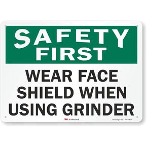 Smartsign U7-1268-RA_14X10 "Safety First WEAR FACE Shield When Using Grinder" Reflective Recycled Aluminum Sign, 14" x 10"