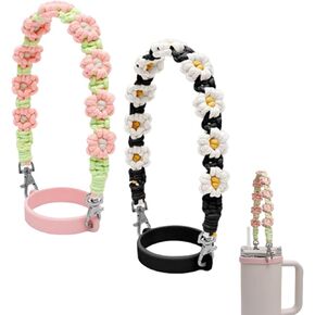 2pcs Water Bottle Handle Strap, Hand Knitting Daisy Handle Strap Compatible with Stanley Water Bottle and Most 8-40oz Bottles, Water Bottle Cup Accessories Decorations (Black and Pink)
