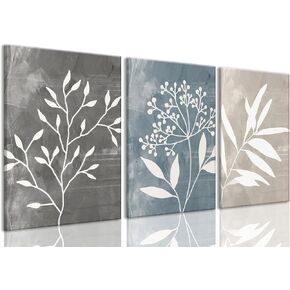 okudolit Vintage Botanical Canvas Wall Art Set of 3 Blue Grey and Beige Neutral Plant Leaf Prints Boho Minimalist Floral Art Pictures Wall Decor for Living Room Bedroom bathroom Office-12x16in