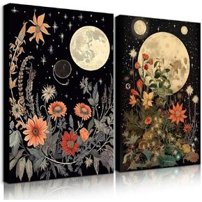 BJVJKSU Vintage Moon Flowers Wall Art Retro Celestial Floral Wall Decor Cottagecore Moon Star Wildflower Poster Orange Yellow Rustic Ethereal Mystical Moonlight Canvas Prints (16x24in)